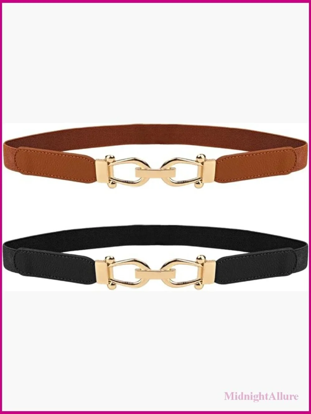 Stretchy Thin Waist Belt, Retro Elastic Skinny Belt with Gold Buckle, 2 Pack